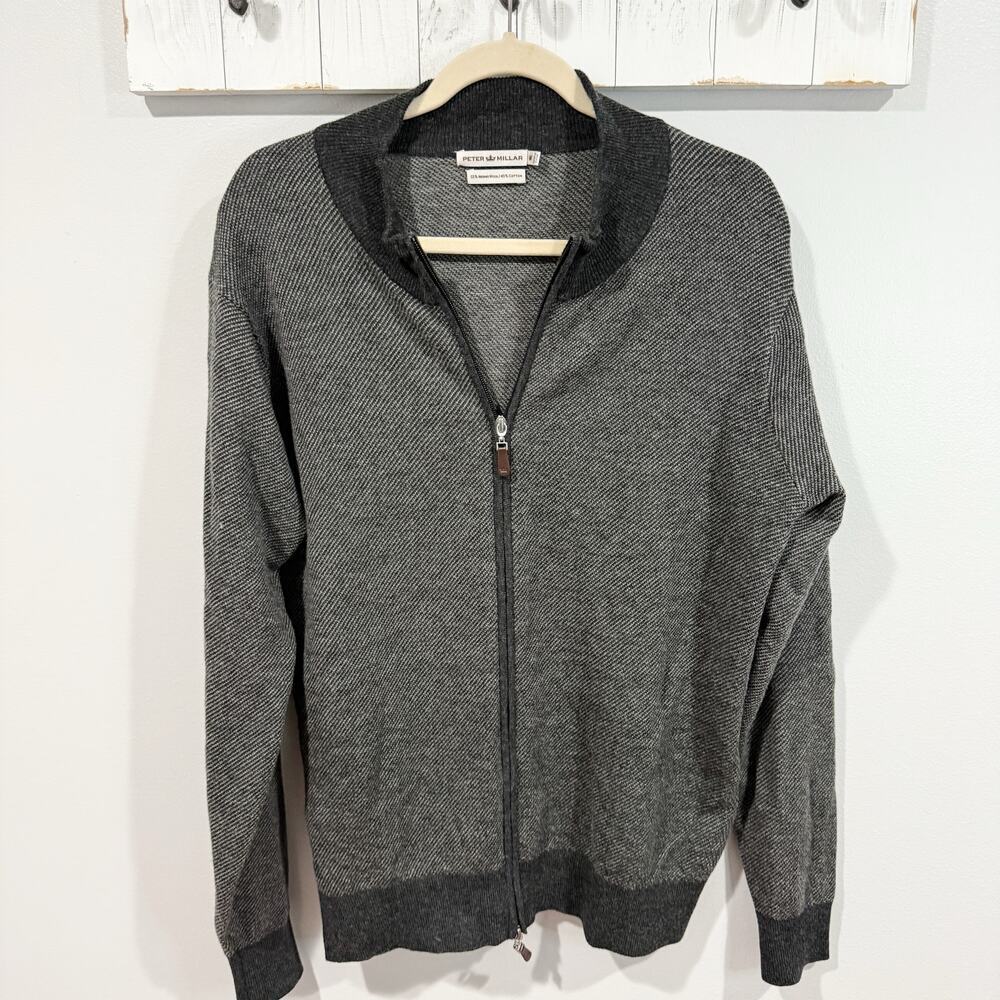 Peter Millar Full Zip Sweater Merino Wool Cotton Blend Gray Black Size M